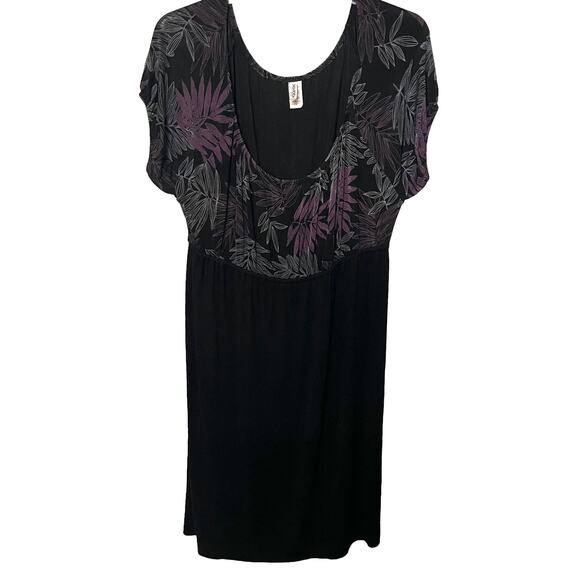 YUMMY PLUS SCOOP NECK MIDI A-LINE WAIST DRESS, WOMENS, 2X, BLACK W/PURPLE FLORAL - Picture 1 of 10